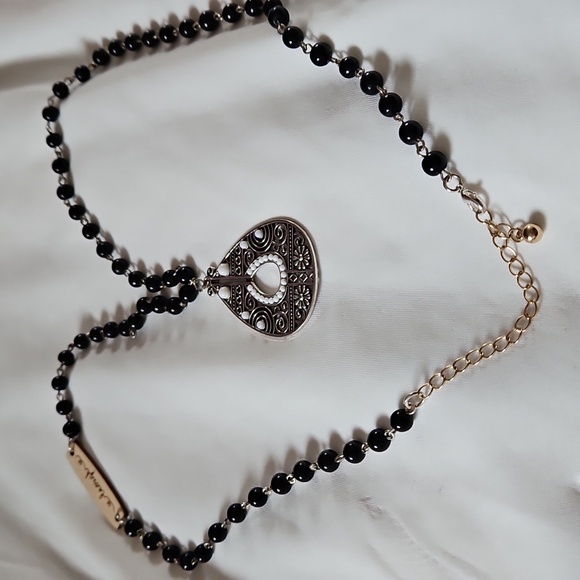 Silver and Black Beaded Pendant Necklace With Intricate Design - Picture 5 of 5